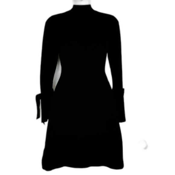 DESIGNER KAREN MILLEN BLACK MOCK NECK SWEATER KNIT DRESS TIE SLEEVES SIZE XS LBD - Picture 8 of 10